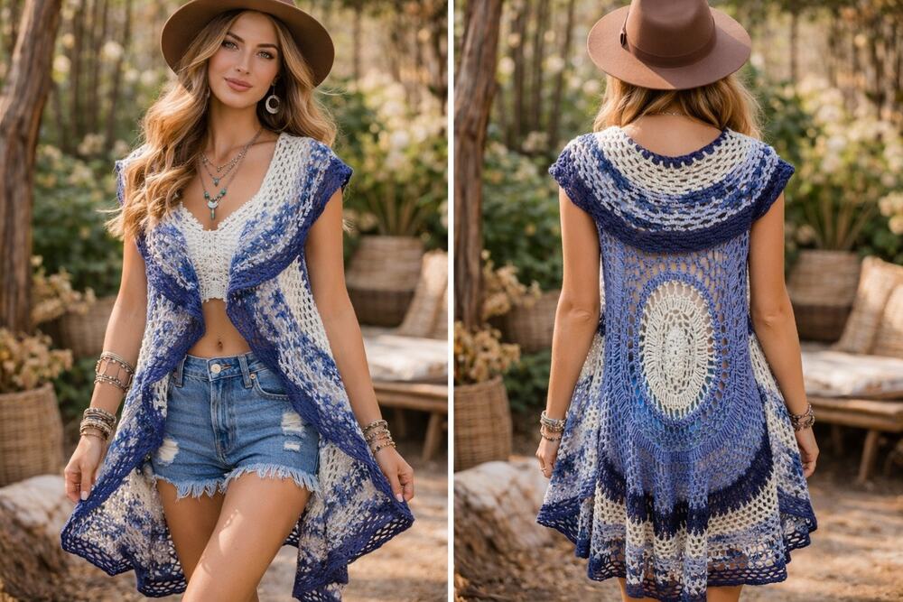 Handmade Crochet Boho Vest Medium Blue White Open Knit Festival Hippie Layering